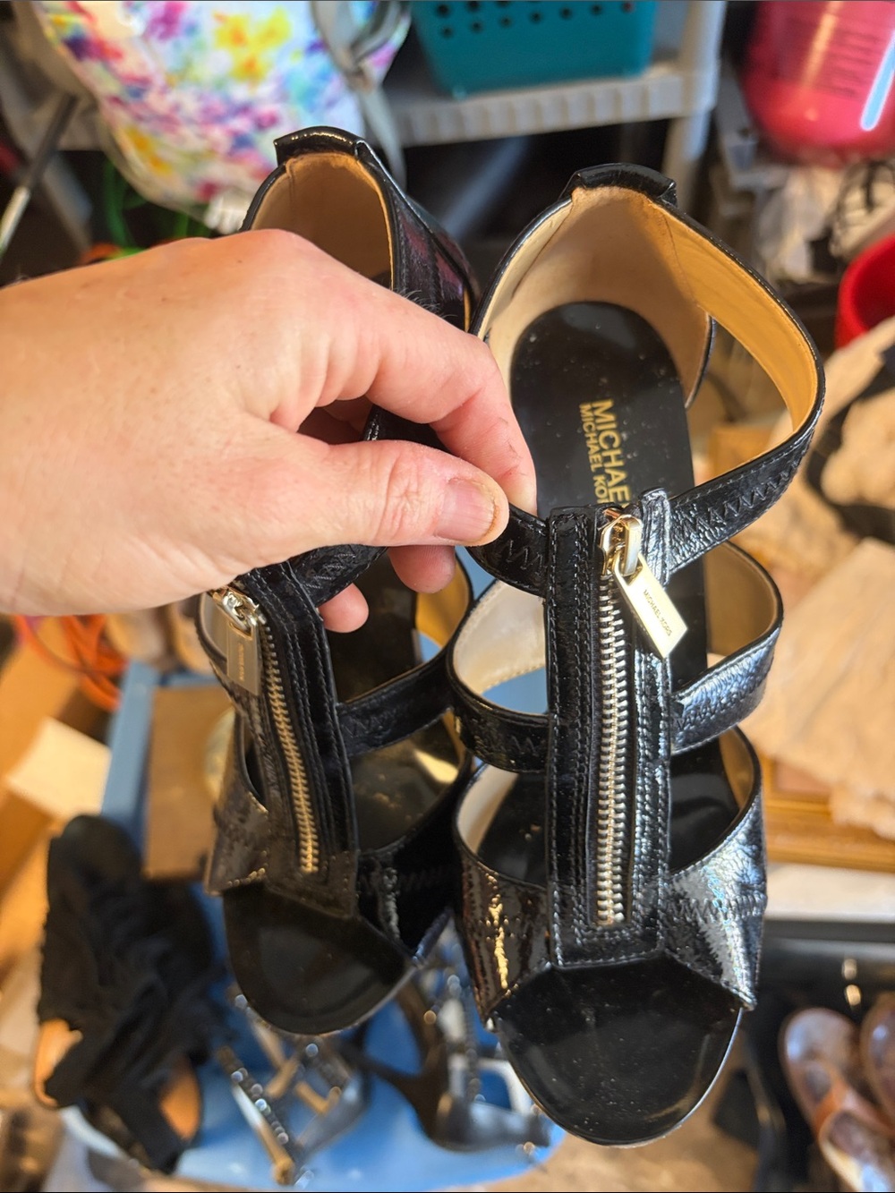 Michael Kors Black Patent Leather Zipper Strappy Heels